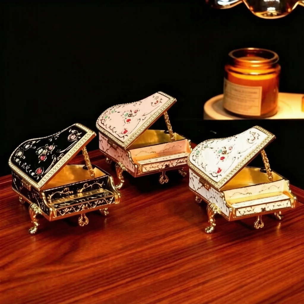 Luxury Metal Cloisonné Enamel Grand Piano Figurine, Handicraft with Rhinestones, Creative Desktop Home Decor & Gift