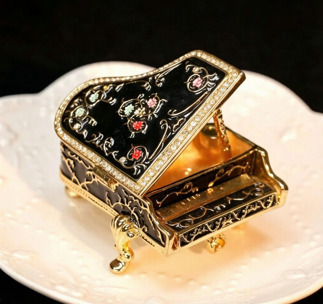 Luxury Metal Cloisonné Enamel Grand Piano Figurine, Handicraft with Rhinestones, Creative Desktop Home Decor & Gift