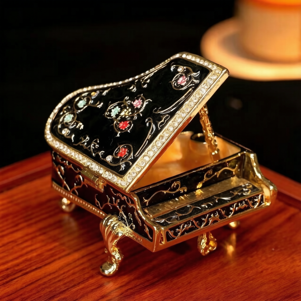 Luxury Metal Cloisonné Enamel Grand Piano Figurine, Handicraft with Rhinestones, Creative Desktop Home Decor & Gift